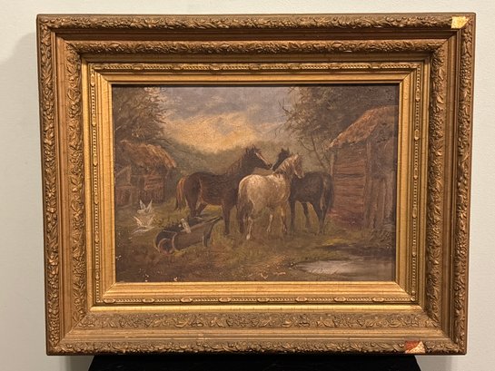 Antique 19th Century Oil Painting On Canvas Farm Yard Scene Horses Birds