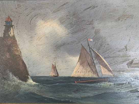 Framed Oil Painting Of Sailboats In A Stormy Sea