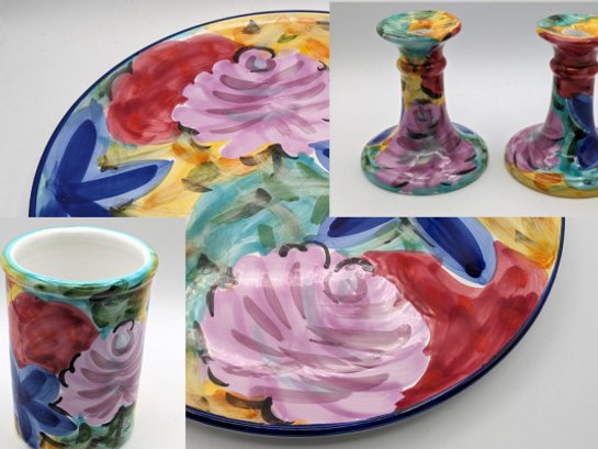 Vibrant Colored  Italian Painted Serving Plate, Vase & Candlesticks