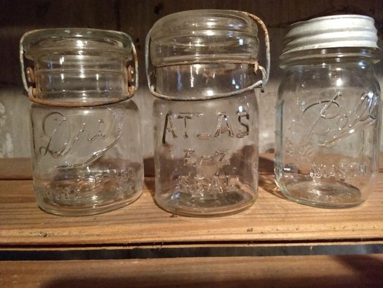 Sixteen Vintage 1 Pint Glass Canning Jars With Glass Lids Including Drey Atlas And Ball Jars And One Zinc Top