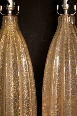 Pair Of Mid Century Modern Glass Gold Gilt Speckle Table Lamps