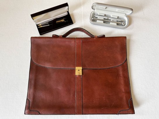 Vintage Leather Briefcase With 3 Classic Ballpoint Pens And Tire Gauge