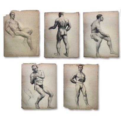 19x25 - Early 1940s - Charcoal Academic Male Studies On Ingres Artist Paper Group Of (5) - Unsigned