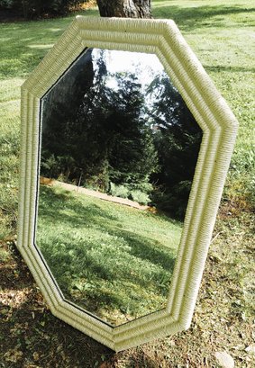 Large Vintage White Wicker Octagon Mirror