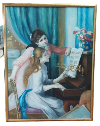 Very Nice Large Piano Lessons Painting On Board