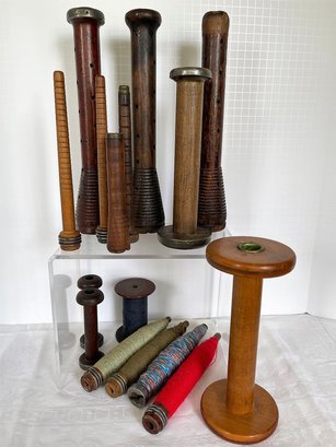 16 Pieces Vtg Wooden Spools & Quill Spools Textile Item