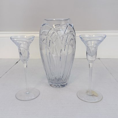 Vintage Possibly Miller Rogaska Maestro?  Art Deco Crystal Centerpiece Vase With 2 Candlesticks