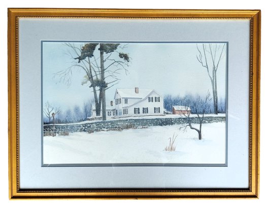 Very Well Done Winter Landscape With Home Watercolor Painting