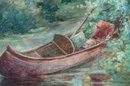 Oil On Canvas Landscape -Reflective Lake Scene With Canoe - Unsigned