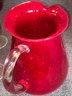 Set Of 4 Hand Blown Red Margarita Glasses And Matching Pitcher Handmade Air Bubble Design In Glass