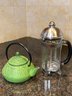 Green Cast Iron Tea Pot Kettle With Bamboo Design & Bonjour Glass French Press Coffee Maker