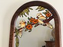 Vintage Wooden Mirrored Shelf With Stained Glass Birds And Leaves