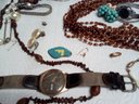 Jewelry Lot Of Necklaces, Vintage Clip On Earrings, Engraved Bracelet, Bulova/Armitron Watches,, Pins, Charms