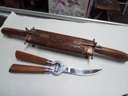 Vintage Hand Carved Wood Knife & Fork Holder & Lifetime Cutlery Stainless Steel Blades Poultry Shears A3