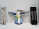 3 Vintage Thermometers - Taylor White Metal USA Temprite, Taylor Sybron In Black Poly &  Wood Bird Style A3
