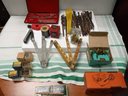 Assortment Of Vintage Tools And Hardware Drafting Compass Set, Sheet Metal Screws, Hand Drill Bits,.  B4