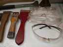 Assortment Of Vintage Paint Scrapers , Sanding Block, Safety Glasses.   B3