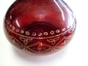 Gorgeous Ruby Glass Decanter With Hand Embellished Gold Colored Pattern Across Waist & Glass Stopper  A2