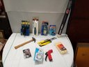 Assortment Of Tools And Hardware,pad Lock,  Nozzle , Paint Roller Pads Hack Saw, Hammer,lamp Timer,glue, E4