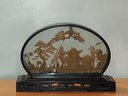 Chinese Asian Carved Cork Art Scene Sculpture Glass And Cork Diorama Oval Vintage