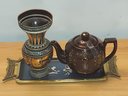 VINTAGE METALLIC BROWN TEAPOT GOLD ACCENTS JAPAN, Brass Tray From Isreal And Coppertone Vase From Greece