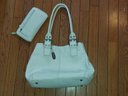Tignanello White Leather Handbag Purse And Wallet Silvertone Accents