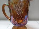 Lovely Vintage  Carnival Glass Pitcher With Grape And Leaves Pattern.  A3