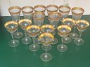Gold Encrusted Water Goblet Etched Basket Bulb Stem 8.5 'Vintage Set Of 8 Wine Cordials Paneled Crystal Wit