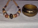 Vintage Estate Chunky Wood Beaded Necklace And Brass Bangle