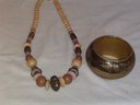 Vintage Estate Chunky Wood Beaded Necklace And Brass Bangle