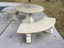Dolphin Concrete Round Pedestal Table, Curved Benches & Umbrella