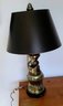 Handsome Solid Bronze Chain Link Metal Lamp With Black Marbleized Interior Shade