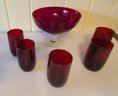 Ruby Red Footed Punch Bowl And Five Glasses