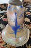 Hand Painted Bell Shaped Glass Pendant Chandelier With Blue Flower Motif