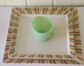 Vintage Jadeite Creamer And Two Striped Platters, Silvestri By April Cornell