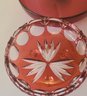 Antique Bohemain Handpainted Perfume Bottle Paired With Hungarian Ruby Red Footed Nut Dish & Pink Glass Bowl