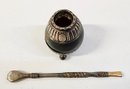 Antique Yerba Mate Tea Gourd Cup, Ball Footed, Argentina 800 Silver And 18K Bombilla