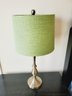 Pair Of Brushed Stainless Table Lamps With Celadon Green Linen Fabric Shades