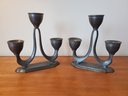 Set Of Two Silvercraft Pewter Three Head Candlestick Holders