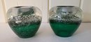 Green Controlled Bubble Glass Candle Holders Paired With Two Adorable Krinkle Santa's