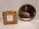 Gilt Carved Picture Frame Paired With Antique Round Beveled Mirror/ Vanity Tray