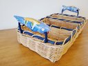 Cute Woven Wicker Sectioned Basket With Painted Pottery Fish Handles