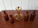 Vintage Amber Crackle Glass Pitcher Paired With Other Vintage Brown Glass Bottles