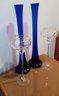 Extra Tall And Very Elegant Pair Of Vintage Long Stemmed Globe Candle Holders With 2 Tall Blue Glass Vases