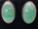 Vintage Pair Of Heavy Green Chrysoprase Earrings 1' X 5/8' ~ 14.00 Grams