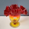 C 1960 Blenko Glass Amberina Crimped Ruffle Vase