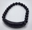 Black Jade Carved Bar & Beaded Stretch Bracelet