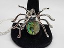 Abalone Shell & Austrian Crystal Spider Pendant Necklace In Silvertone