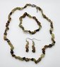 Tsavorite Garnet Beaded Stretch Bracelet, Earrings & Necklace In Stainless