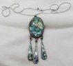 Vintage 3' Long Alpaca Abalone Shell Native Pendant On An 18' Silver Plated Chain
